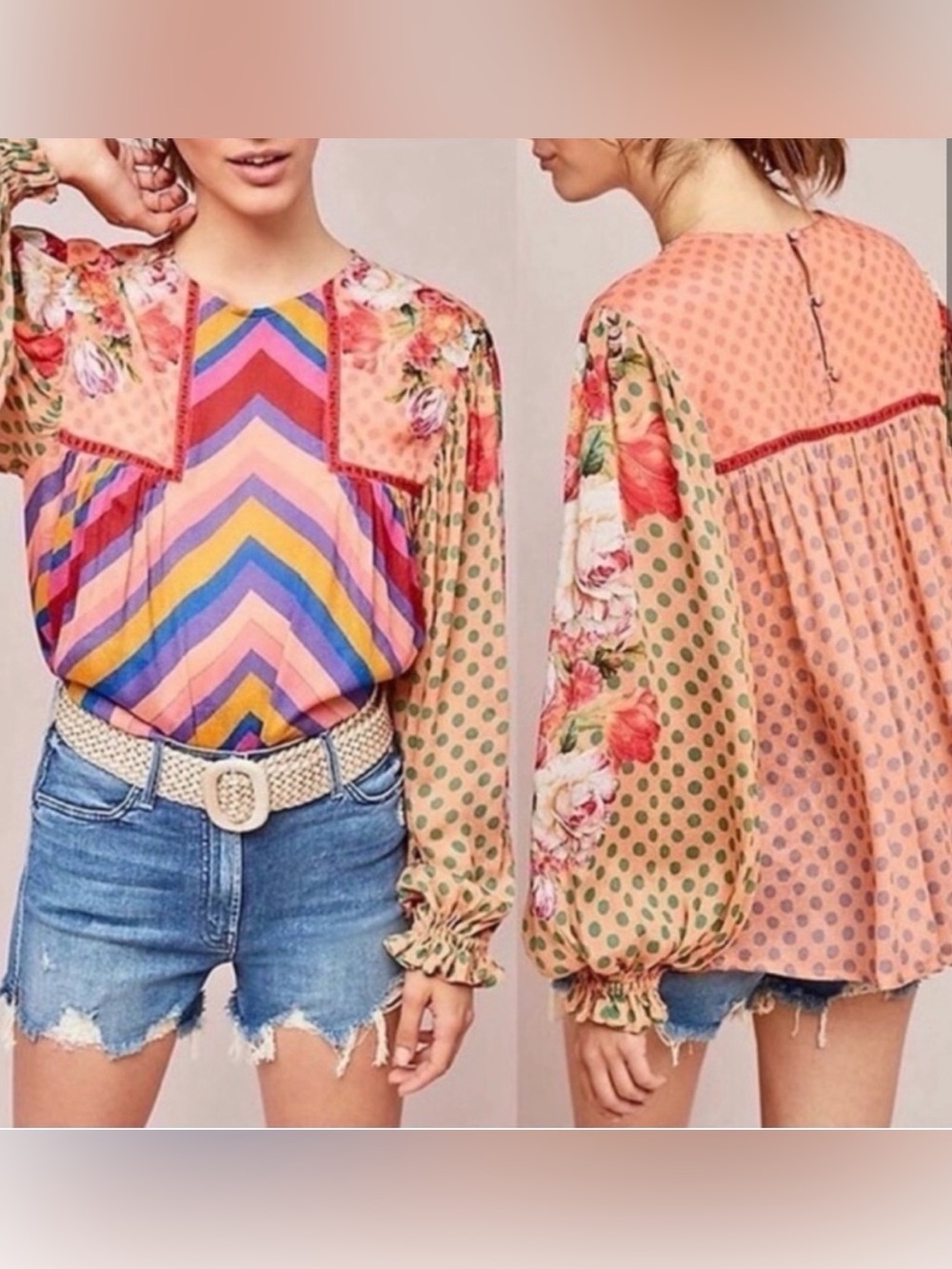 Anthropologie Bl-nk London Miranda Peasant Blouse Floral Chevron Striped Boho XS